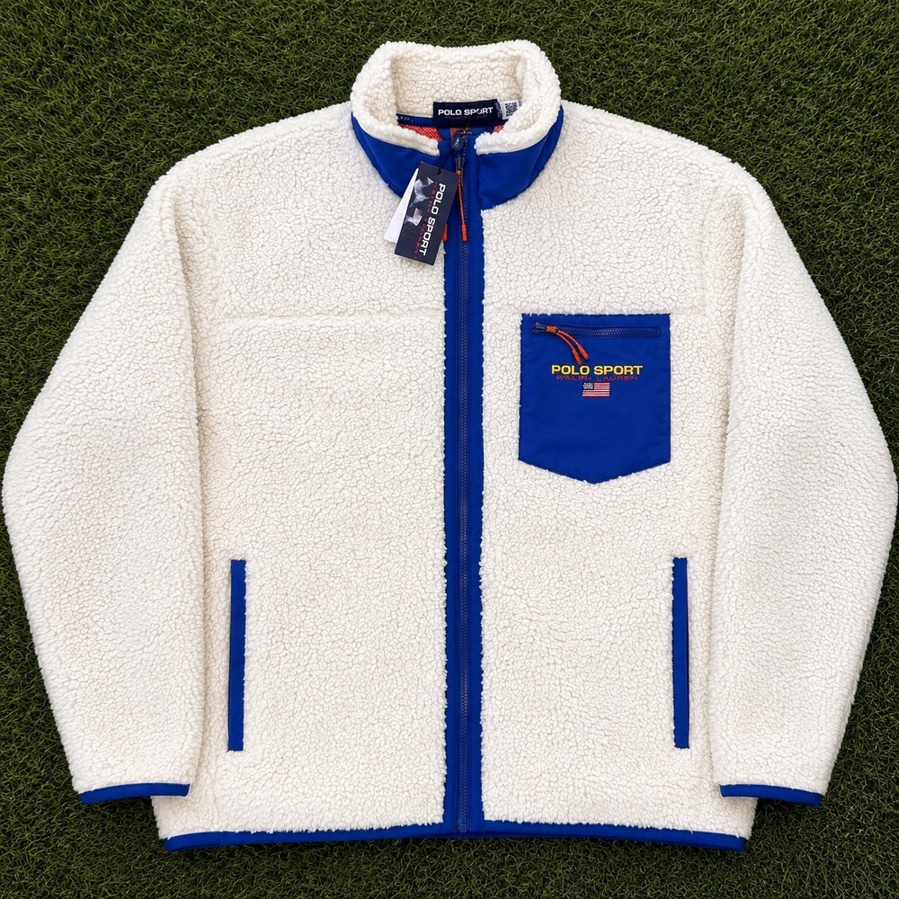 Polo Sport Ralph Lauren XL Sherpa Fleece Jacket Cream Blue NWT 90s Streetwear